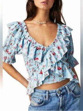 Free People Favorite Girl Blue Floral Top